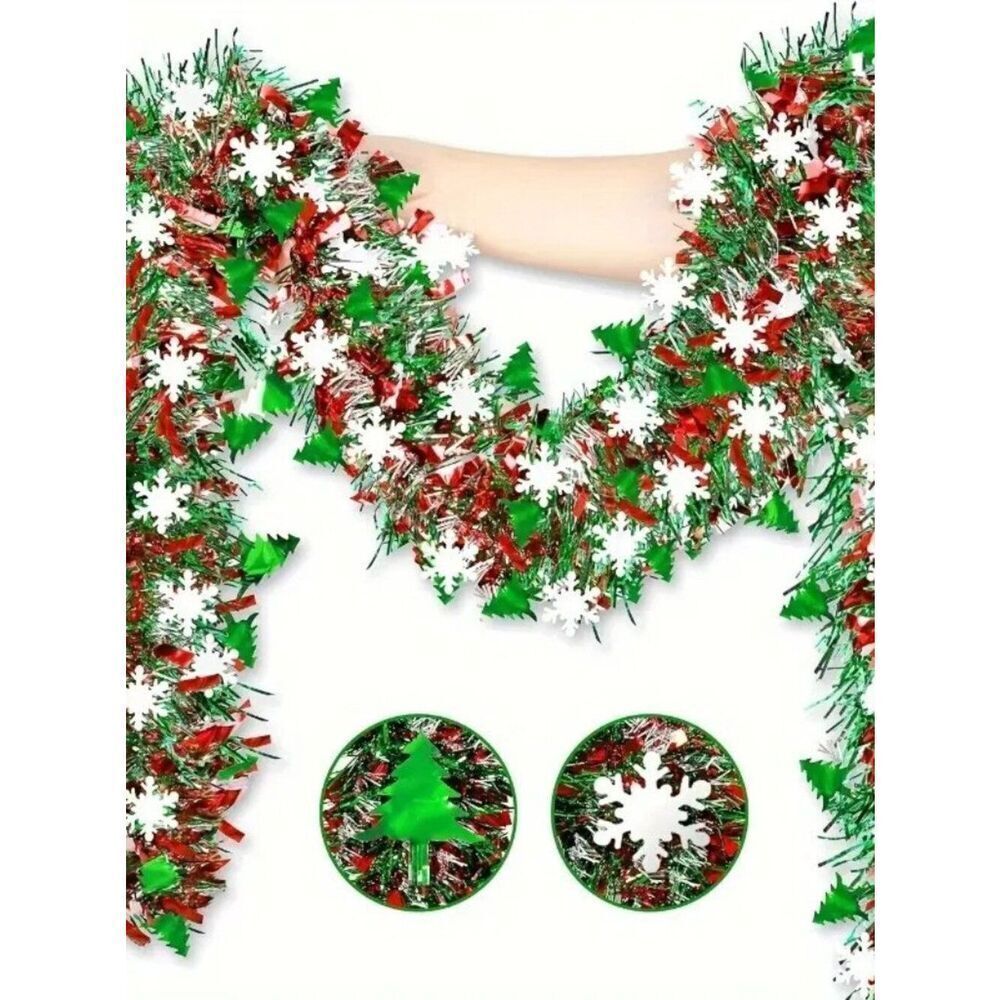 78.74inch Festive Red & Green Sparkling Snowflake Garland Snowflakes and Trees